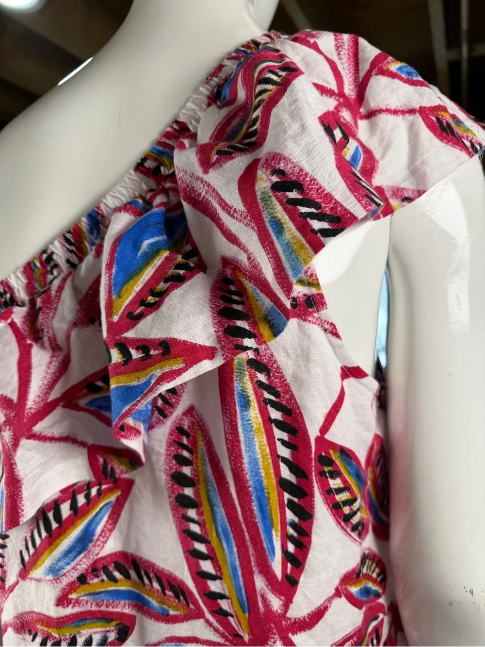 J. Crew One-Shoulder Tropical Leaf Print Dress Pink & Blue | Linen Cotton Blend